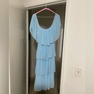 Light blue tiered off shoulder blue dress